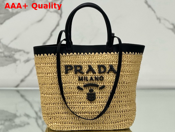 Prada Small Crochet and Leather Tote Bag Tan and Black 1BG500 Replica