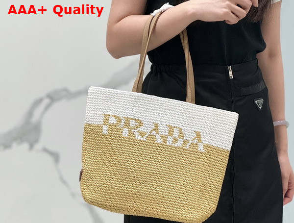 Prada Small Crochet and Leather Tote Bag Tan and White 1BG454 Replica