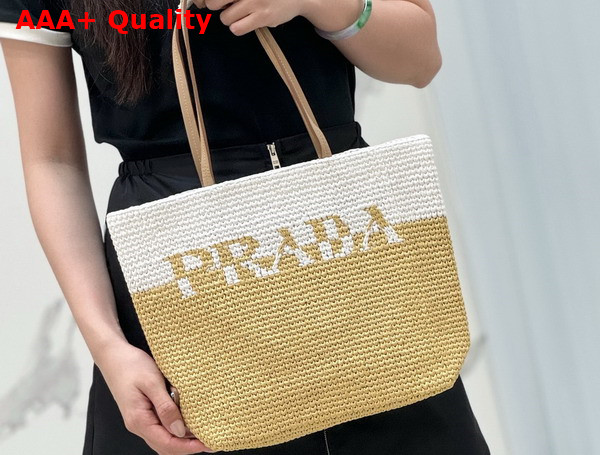 Prada Small Crochet and Leather Tote Bag Tan and White 1BG454 Replica