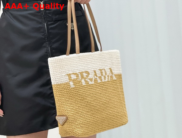 Prada Small Crochet and Leather Tote Bag Tan and White 1BG454 Replica