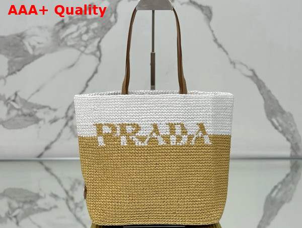 Prada Small Crochet and Leather Tote Bag Tan and White 1BG454 Replica