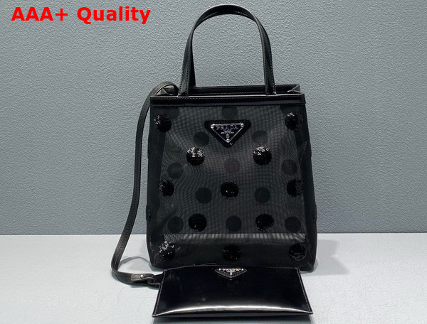 Prada Small Polka Dot Mesh Tote Bag in Black 1BG417 Replica