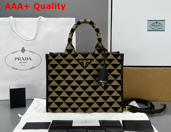 Prada Small Prada Symbole Jacquard Fabric Handbag Black Beige 1BA354 Replica