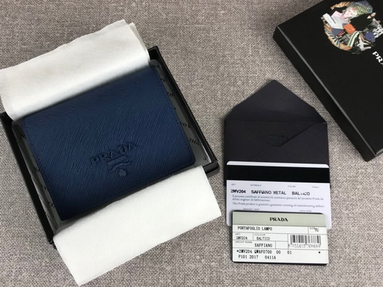 Prada Small Saffiano Leather Wallet in Blue with Prada Lettering Logo in Blue