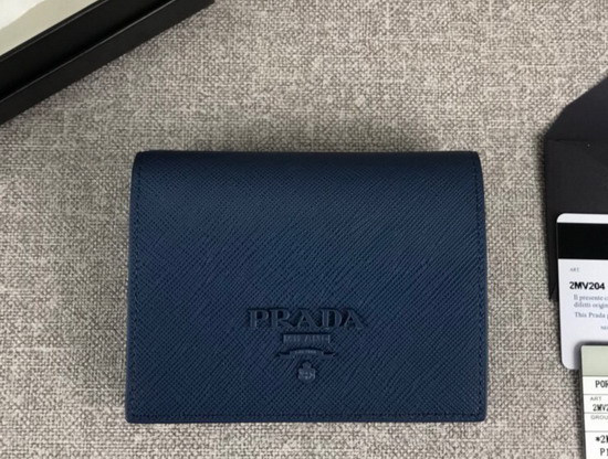 Prada Small Saffiano Leather Wallet in Blue with Prada Lettering Logo in Blue