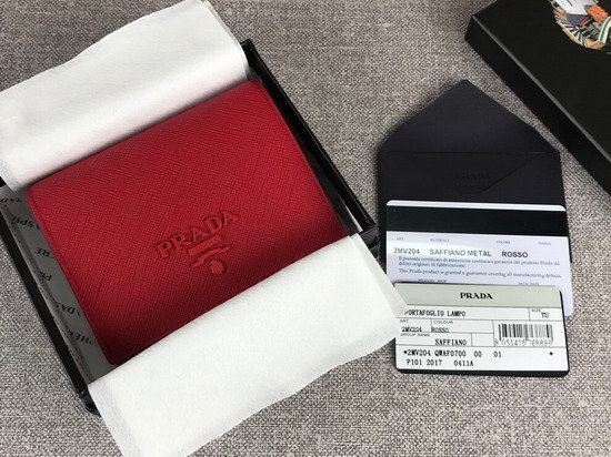 Prada Small Saffiano Leather Wallet in Red with Prada Lettering Logo in Red