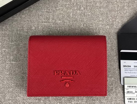 Prada Small Saffiano Leather Wallet in Red with Prada Lettering Logo in Red