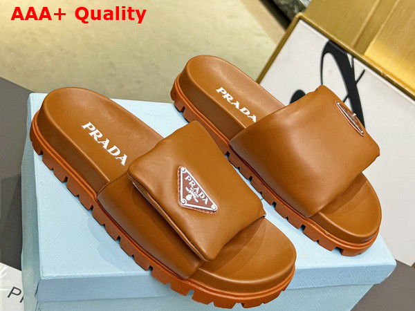 Prada Soft Padded Nappa Leather Slides in Caramel Replica