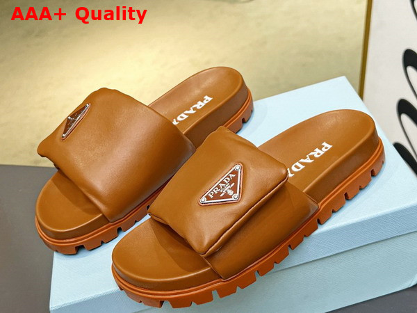 Prada Soft Padded Nappa Leather Slides in Caramel Replica