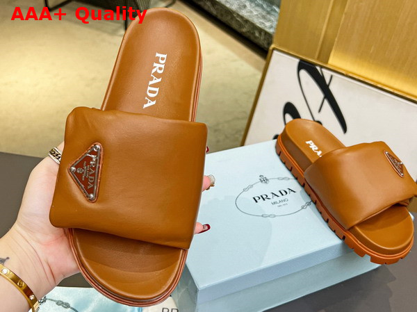 Prada Soft Padded Nappa Leather Slides in Caramel Replica