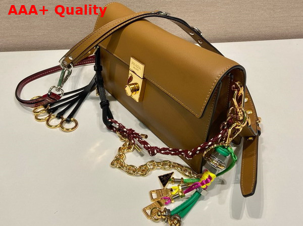 Prada Soft Sound Small Leather Shoulder Bag with Charms Caramel 1BD379 Replica