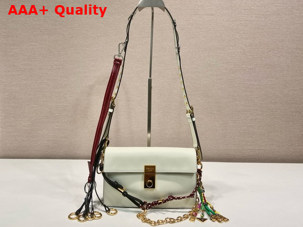 Prada Soft Sound Small Leather Shoulder Bag with Charms White 1BD379 Replica