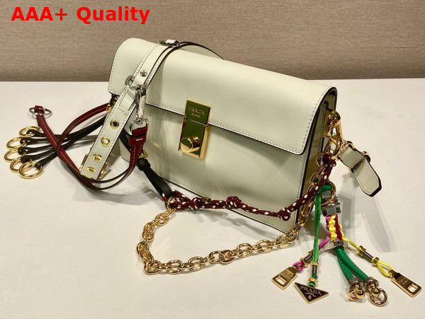 Prada Soft Sound Small Leather Shoulder Bag with Charms White 1BD379 Replica