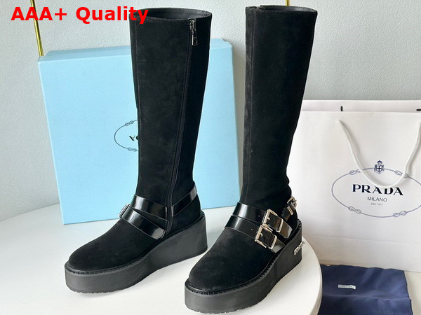 Prada Suede Leather Boot in Black with Strap Replica