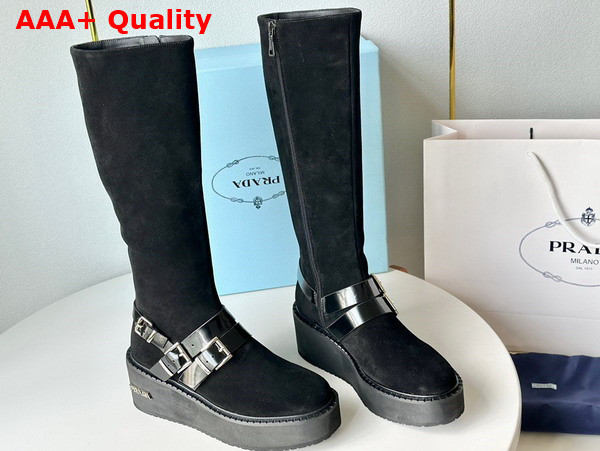 Prada Suede Leather Boot in Black with Strap Replica