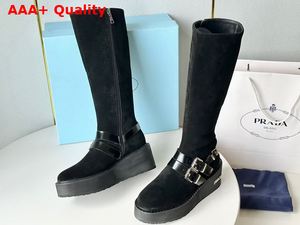 Prada Suede Leather Boot in Black with Strap Replica