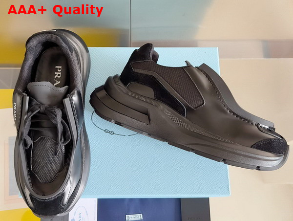 Prada Systeme Brushed Leather Sneakers with Bike Fabric and Suede Elements Black 2EG424 Replica