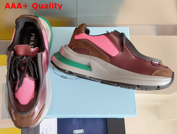 Prada Systeme Brushed Leather Sneakers with Bike Fabric and Suede Elements Garnet Peony Pink 2EG424 Replica