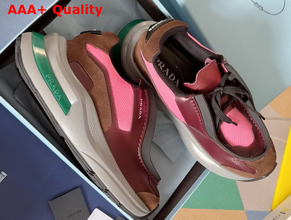 Prada Systeme Brushed Leather Sneakers with Bike Fabric and Suede Elements Garnet Peony Pink 2EG424 Replica