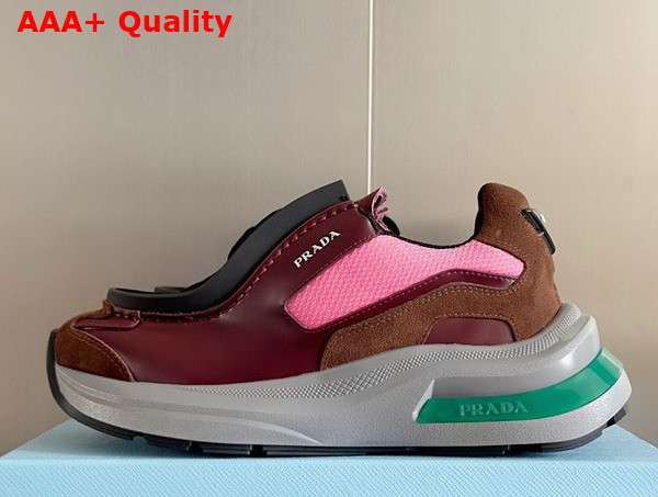 Prada Systeme Brushed Leather Sneakers with Bike Fabric and Suede Elements Garnet Peony Pink 2EG424 Replica