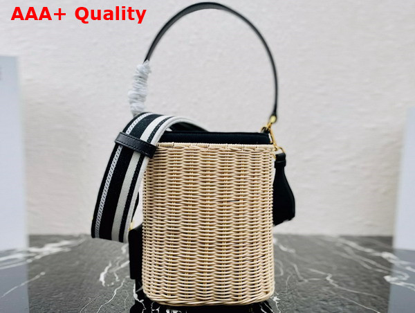 Prada Wicker and Canvas Bucket Bag Tan and Black 1BE062 Replica