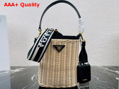 Prada Wicker and Canvas Bucket Bag Tan and Black 1BE062 Replica