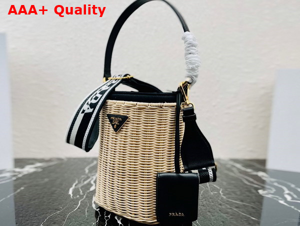 Prada Wicker and Canvas Bucket Bag Tan and Black 1BE062 Replica