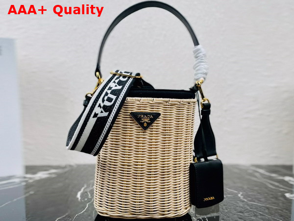 Prada Wicker and Canvas Bucket Bag Tan and Black 1BE062 Replica