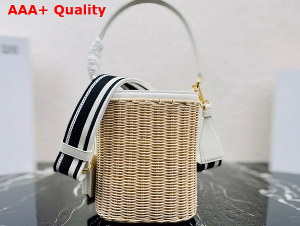 Prada Wicker and Canvas Bucket Bag Tan and White 1BE062 Replica