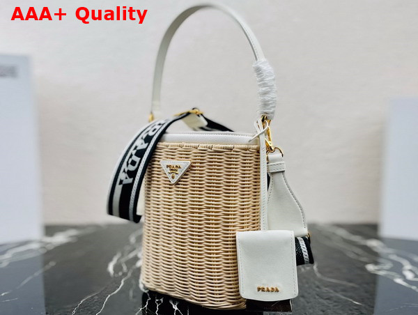 Prada Wicker and Canvas Bucket Bag Tan and White 1BE062 Replica