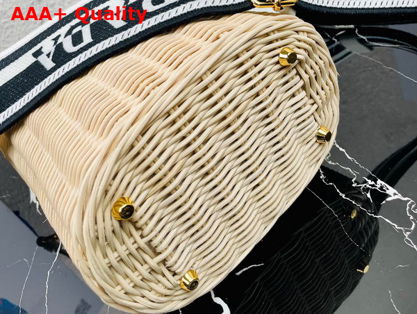 Prada Wicker and Canvas Bucket Bag Tan and White 1BE062 Replica