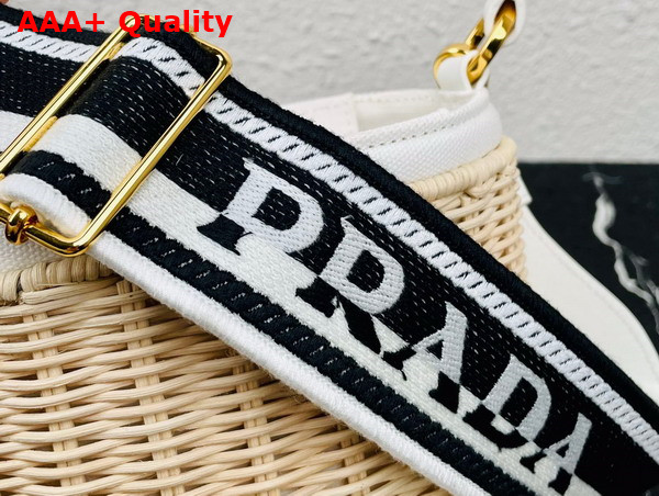 Prada Wicker and Canvas Bucket Bag Tan and White 1BE062 Replica