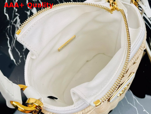 Prada Wicker and Canvas Bucket Bag Tan and White 1BE062 Replica