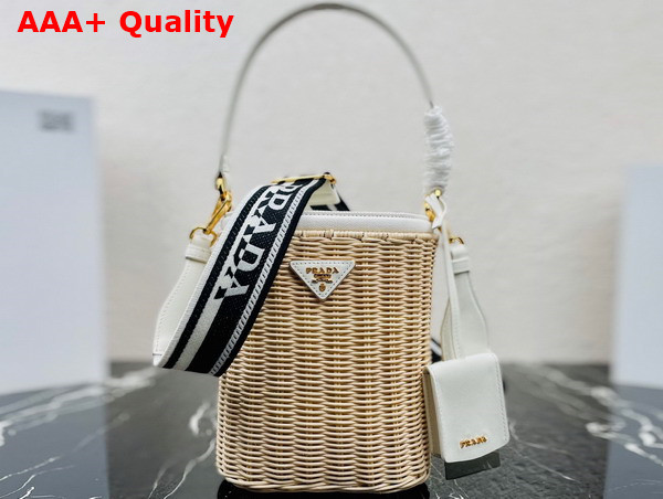 Prada Wicker and Canvas Bucket Bag Tan and White 1BE062 Replica