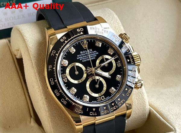 Rolex Cosmograph Daytona Oyster 40mm Yellow Gold and Black Dial Dial with Diamonds Black Rubber Watchband Replica