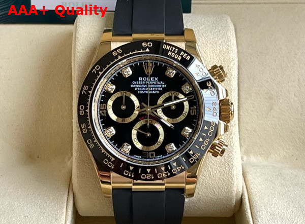 Rolex Cosmograph Daytona Oyster 40mm Yellow Gold and Black Dial Dial with Diamonds Black Rubber Watchband Replica