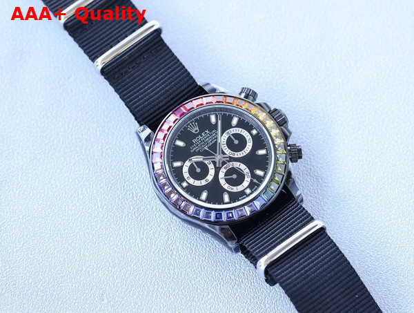 Rolex Cosmograph Daytona Watch in Black with Multicolor Crystals Replica