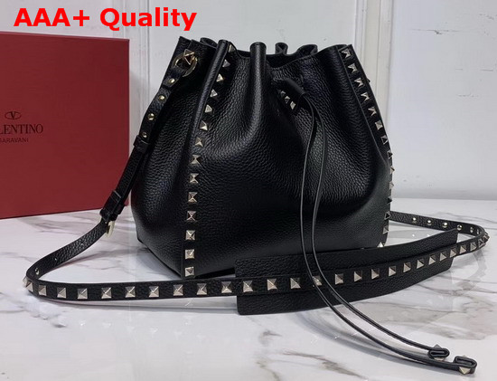 Small Valentino Garavani Rockstud Bucket Bag in Black Grainy Calfskin Leather Replica