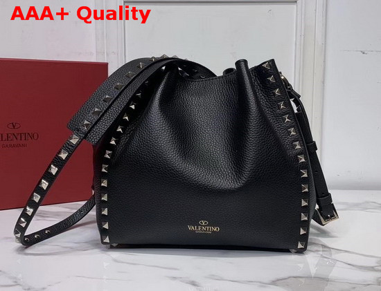 Small Valentino Garavani Rockstud Bucket Bag in Black Grainy Calfskin Leather Replica