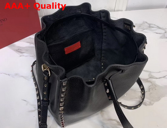 Small Valentino Garavani Rockstud Bucket Bag in Black Grainy Calfskin Leather Replica