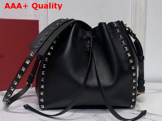 Small Valentino Garavani Rockstud Bucket Bag in Black Grainy Calfskin Leather Replica