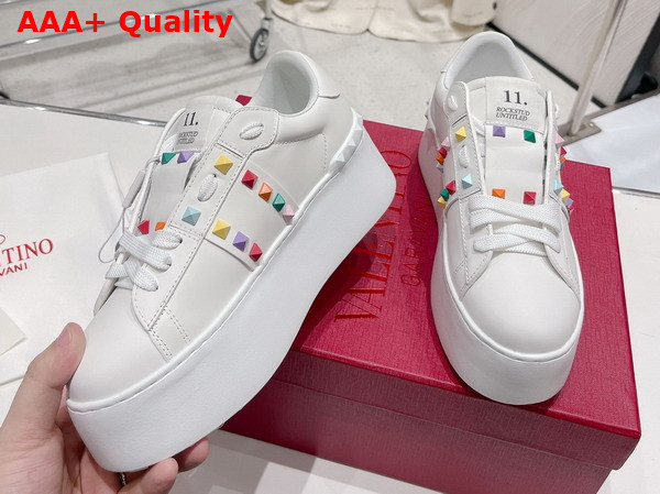 Valentino Flatform Rockstud Untitled Calfskin Sneaker in White with Multicolor Studs Replica