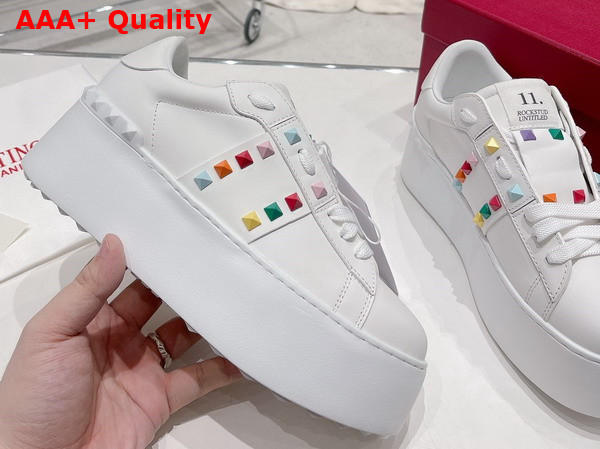 Valentino Flatform Rockstud Untitled Calfskin Sneaker in White with Multicolor Studs Replica