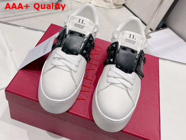 Valentino Flatform Rockstud Untitled Sneaker in White Calfskin with Black Stripe Replica