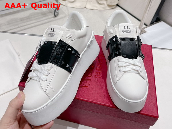 Valentino Flatform Rockstud Untitled Sneaker in White Calfskin with Black Stripe Replica