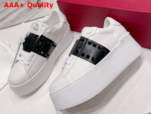 Valentino Flatform Rockstud Untitled Sneaker in White Calfskin with Black Stripe Replica