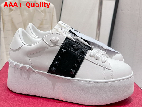 Valentino Flatform Rockstud Untitled Sneaker in White Calfskin with Black Stripe Replica