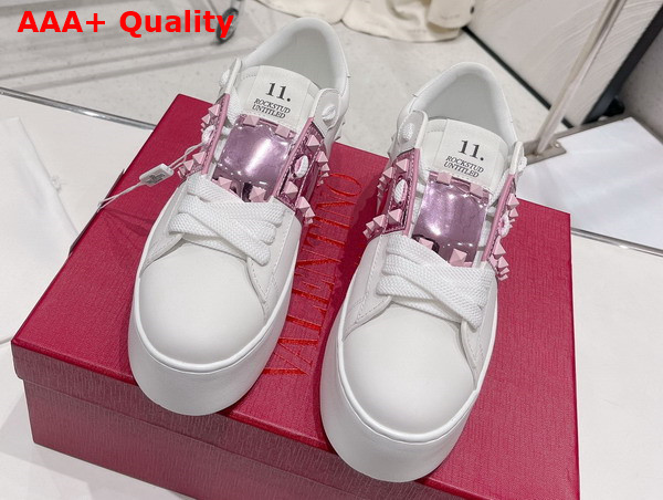 Valentino Flatform Rockstud Untitled Sneaker in White Calfskin with Metallic Stripe Replica