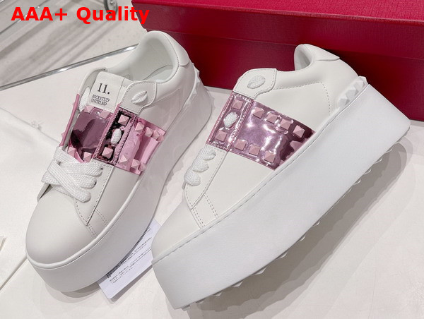 Valentino Flatform Rockstud Untitled Sneaker in White Calfskin with Metallic Stripe Replica