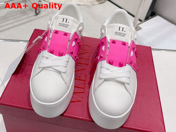 Valentino Flatform Rockstud Untitled Sneaker in White Calfskin with Pink Stripe Replica